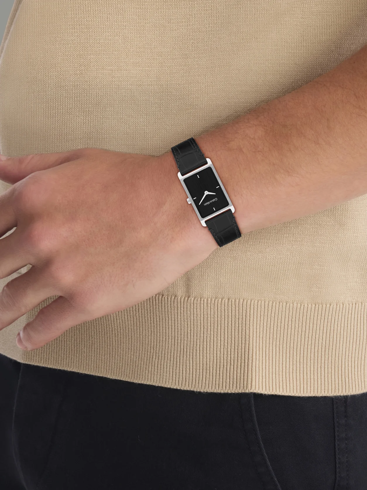 Black Rectangular Leather Strap Watch