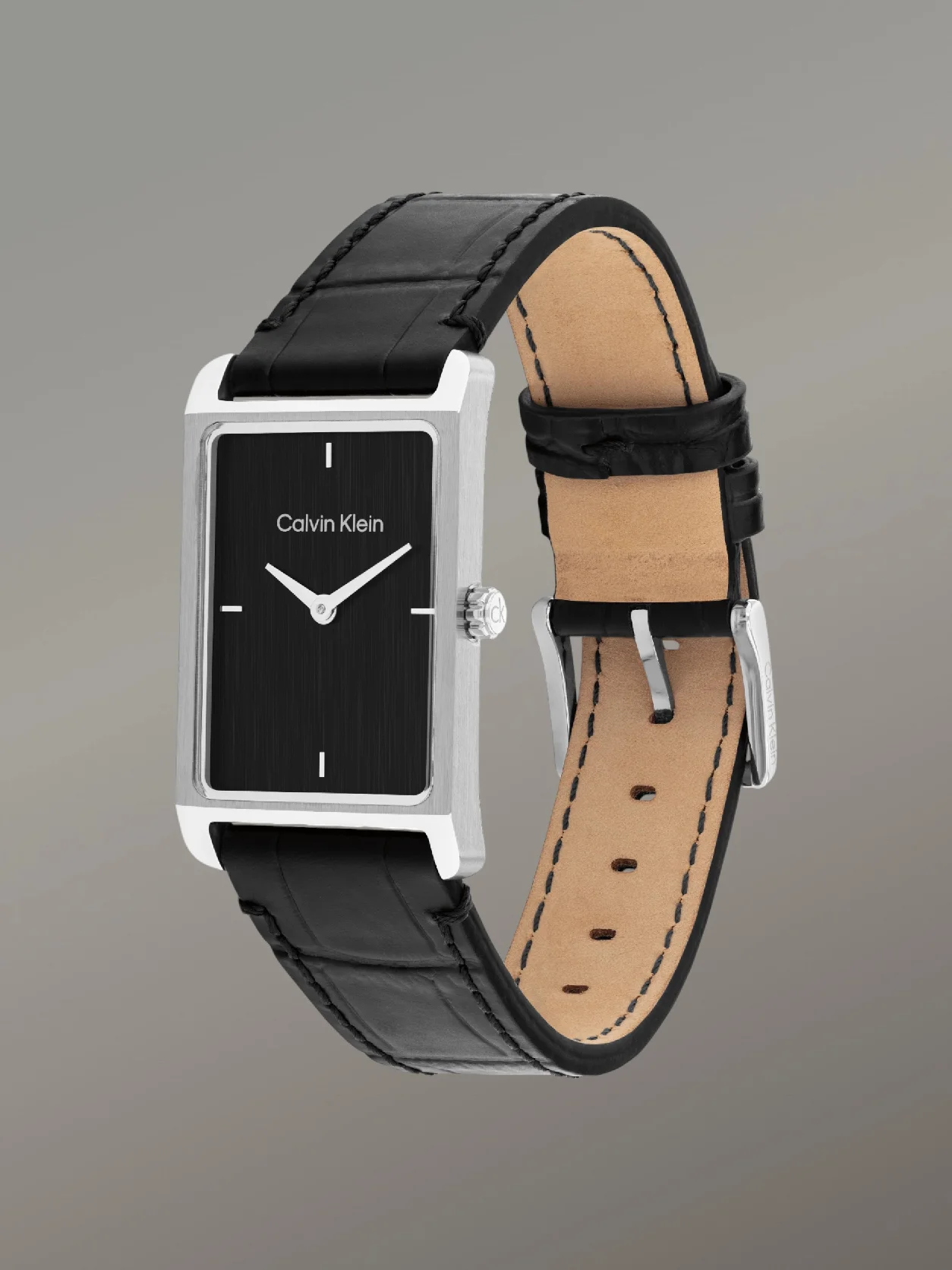Black Rectangular Leather Strap Watch