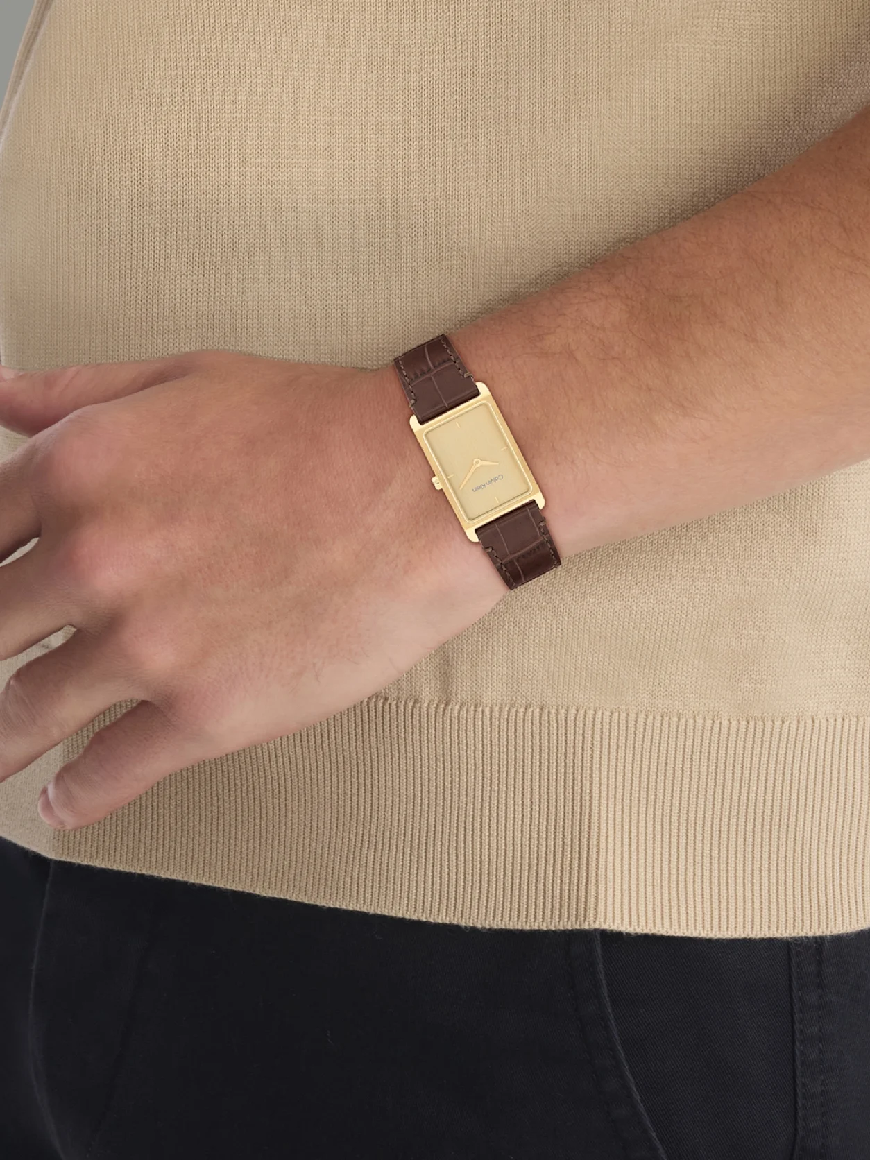 Brown Rectangular Leather Strap Watch