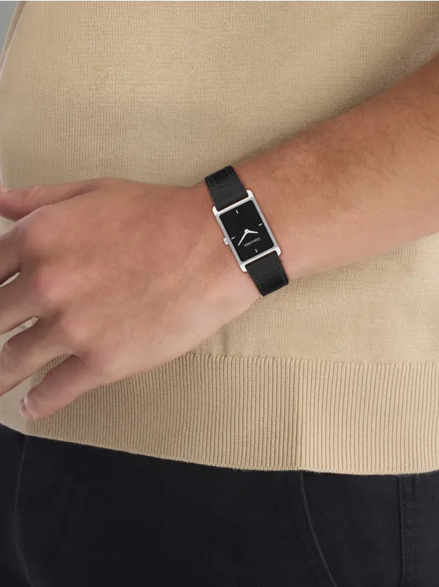 Black Rectangular Leather Strap Watch