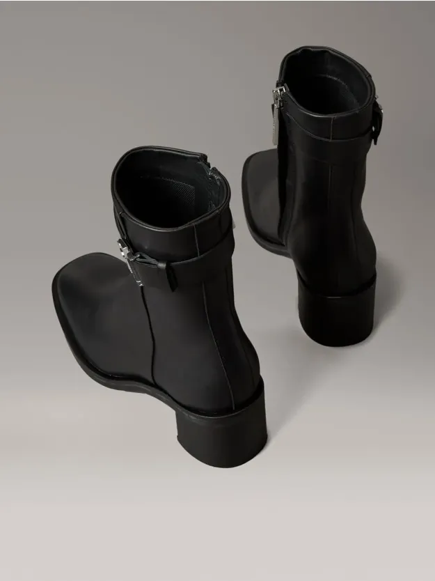 Ck Black Leather Square Toe Zip Ankle Boots