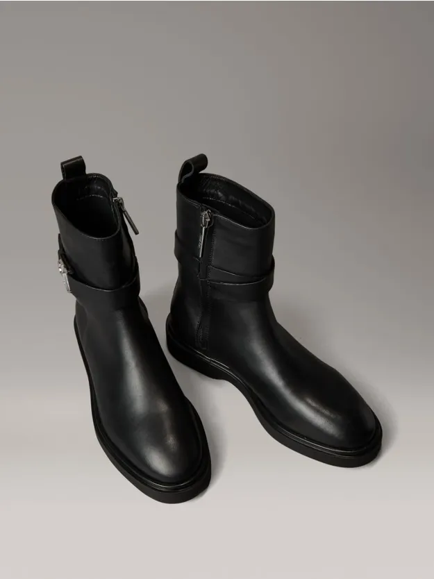 Ck Black Leather Signature Logo Ankle Boots