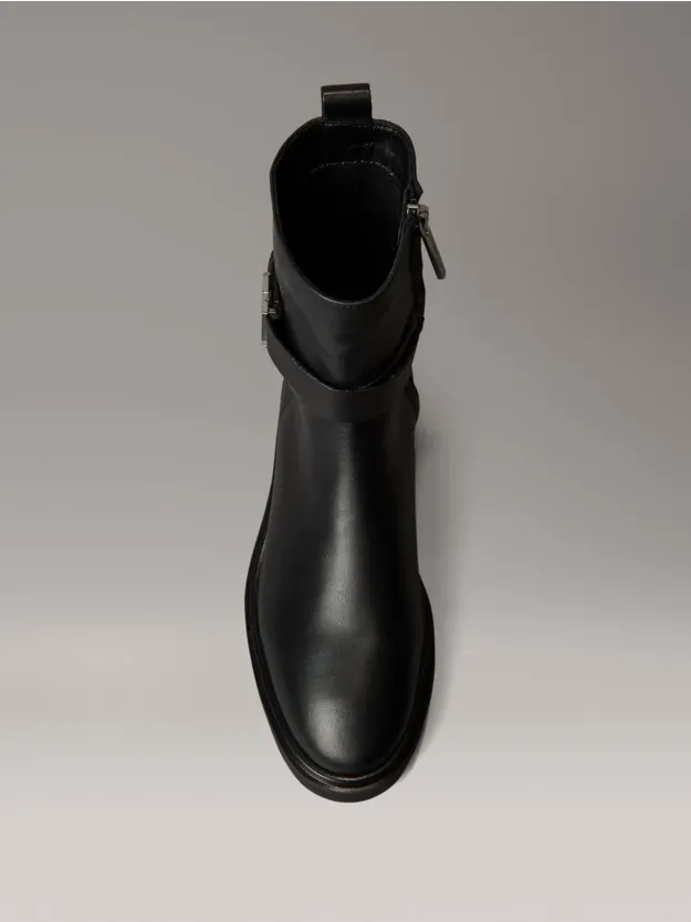 Ck Black Leather Signature Logo Ankle Boots