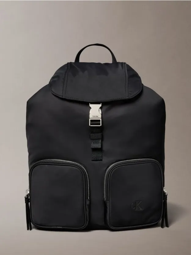 Black Soft Satin Nylon Flap Backpack