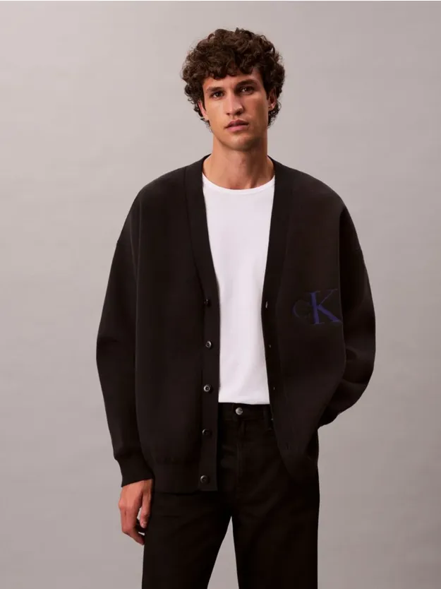 Black Cotton Blend Monogram Logo Relaxed Cardigan