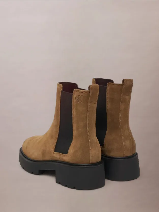 Classic Taupe Suede Chunky Square Toe Chelsea Boots