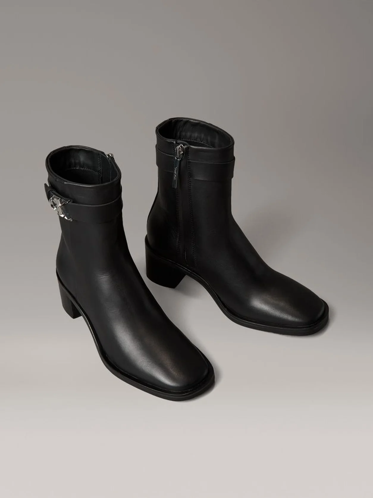 Ck Black Leather Square Toe Zip Ankle Boots