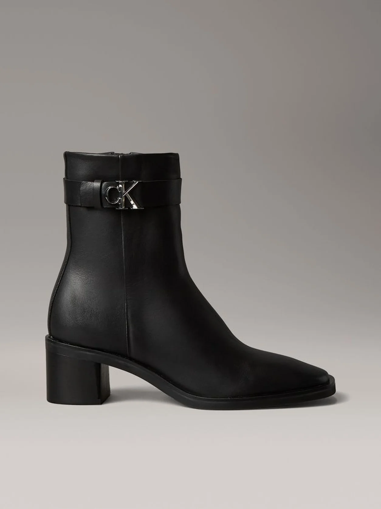Ck Black Leather Square Toe Zip Ankle Boots