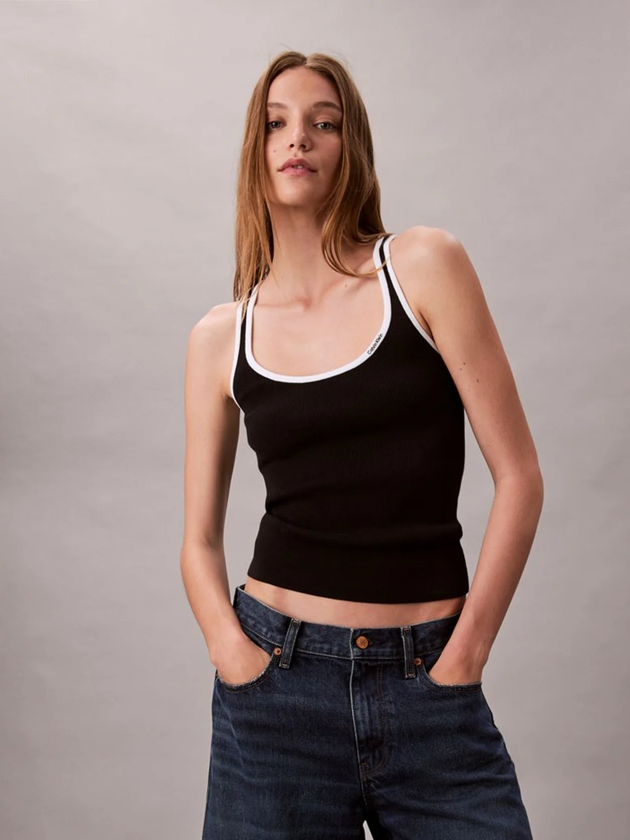 Black Combo Contrast Trim Ribbed Tank Top