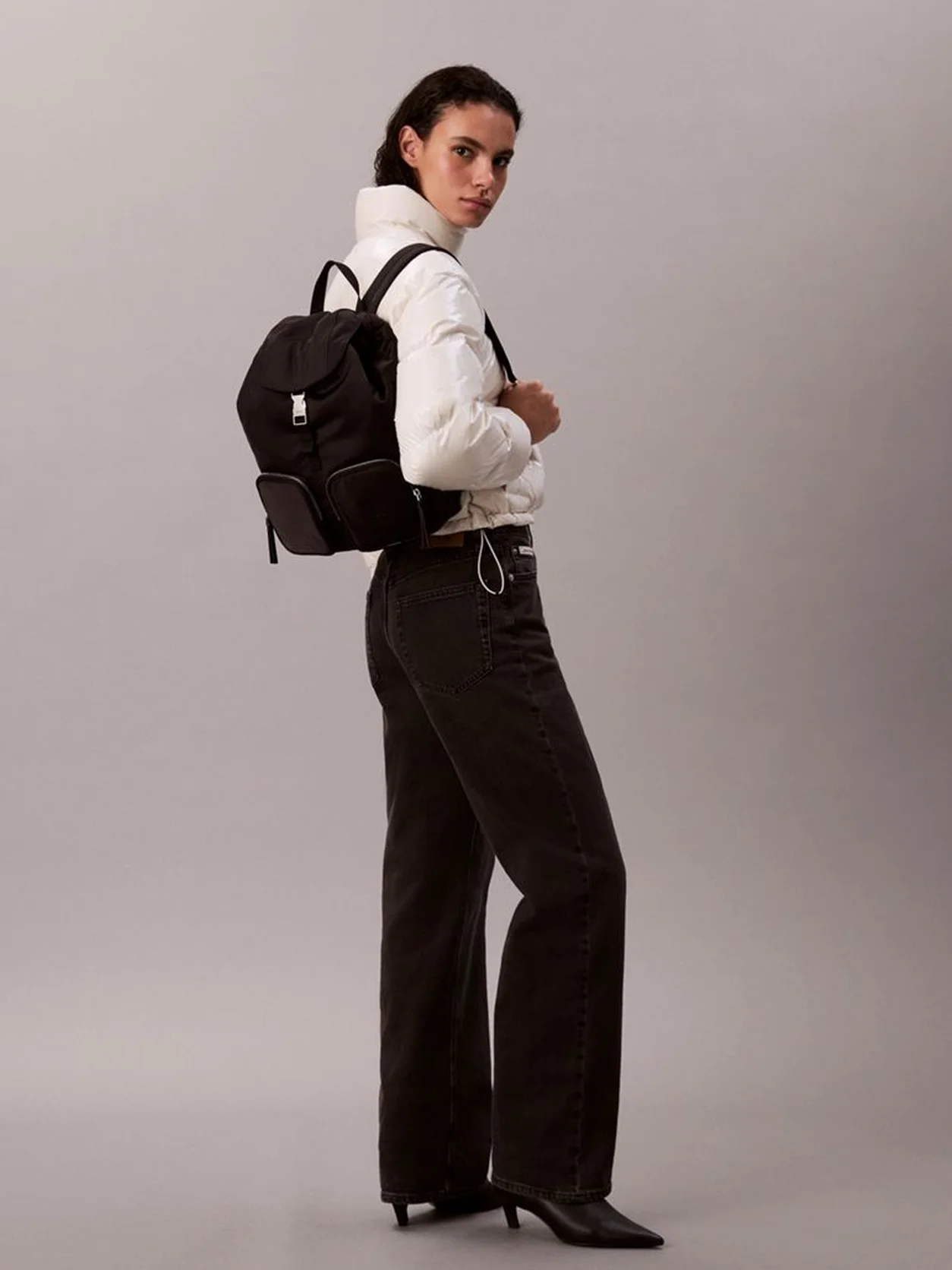 Black Soft Satin Nylon Flap Backpack